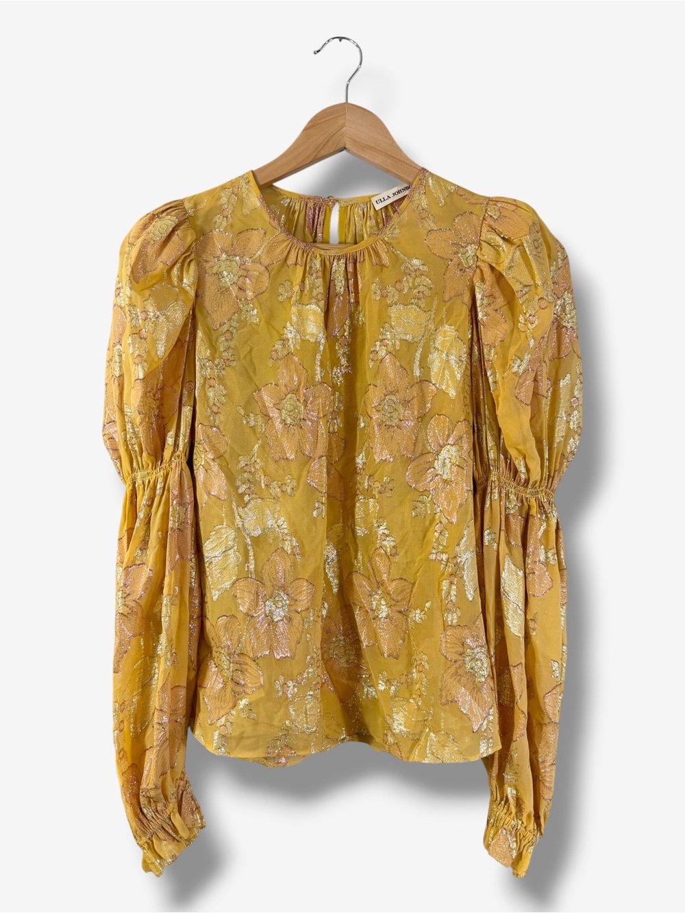 Ulla Johnson Aster Citrine Metallic Floral Silk Blouse Size 2 Gold Puff Sleeve